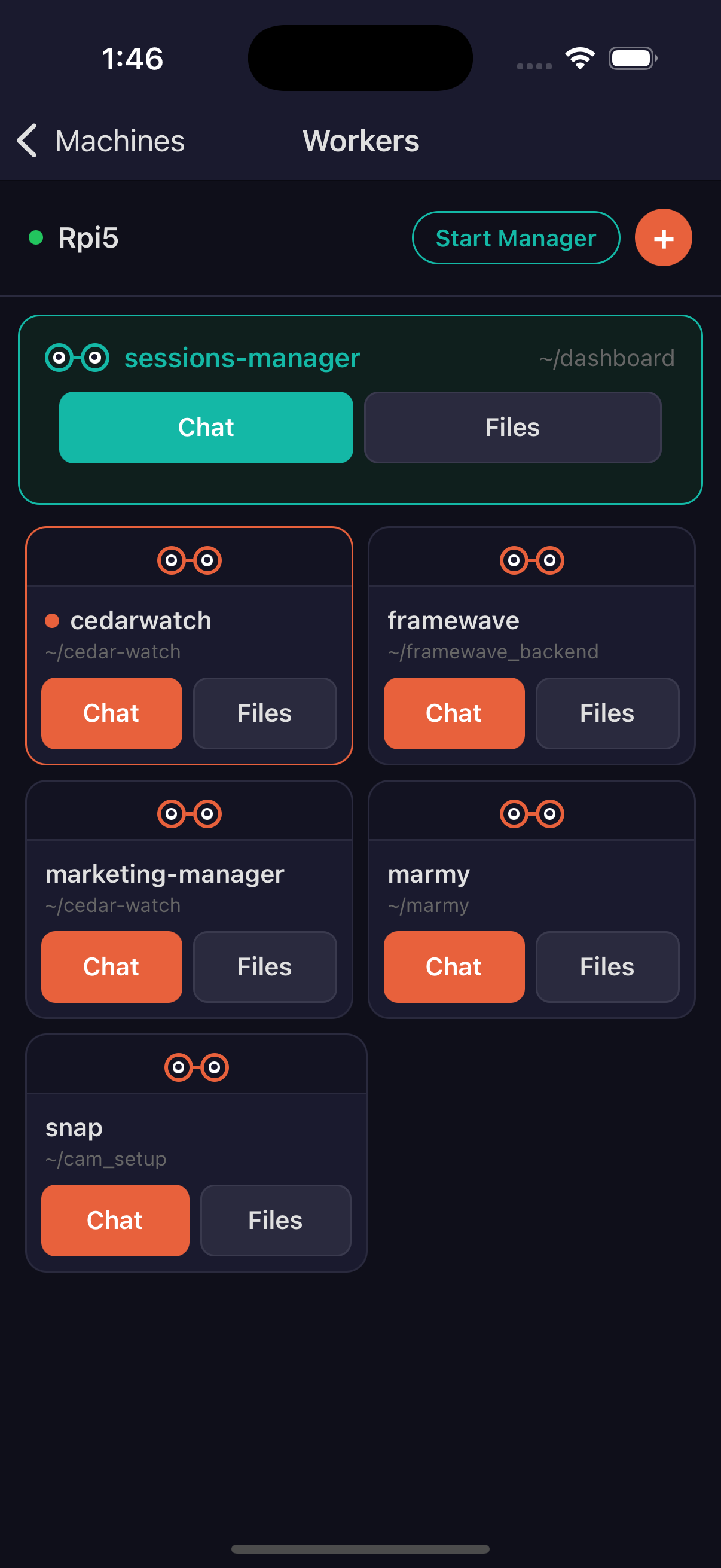 Marmy Workers screen showing active Claude Code sessions